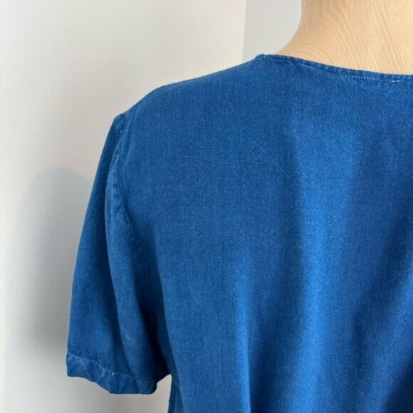 Vintage Women Medium Blue Embroidered Button Down Short Sleeve Shirt Top Peasant - Picture 4 of 13